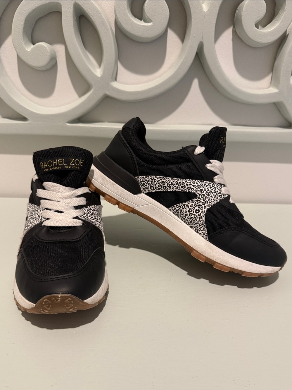 Rachel Zoe Black Sneakers with White Leopard Print Accent